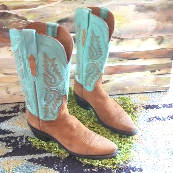 Lucchese Shoes - LUCCHESE 1883 Turquoise Leather 8 Topstitched Suede Heels Cowgirl Western Boots